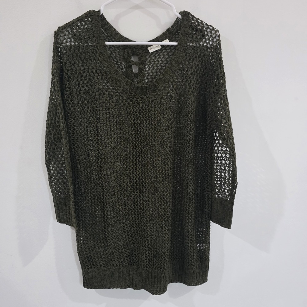 Womens Mesh Sheer Sweater Size Large Green Fairy Goblin Lace Up Knit